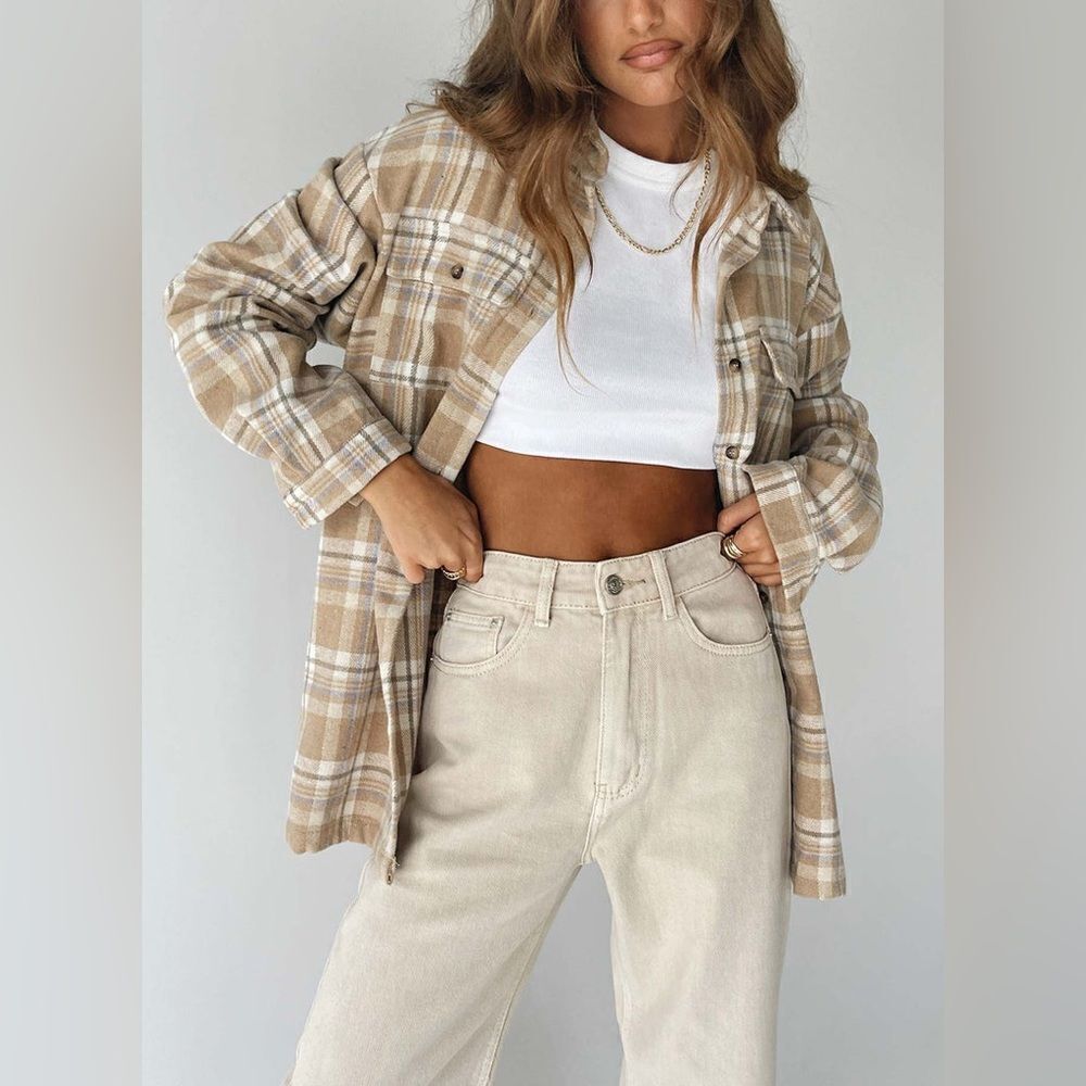 Princess Polly MILA SHIRT MULTI Plaid Beige Shacket US 4